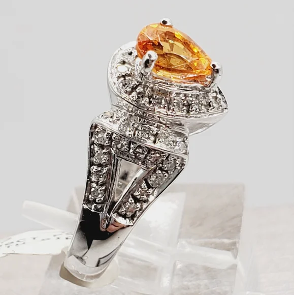 14k Solid White Gold Pear Shaped Orange Spessartite Garnet & Diamond Halo Ring - Picture 2 of 9
